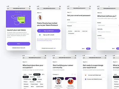 Onboarding flow on Talent Protocol blockchain crypto defi light mode onboarding product design sign in sign up token web3