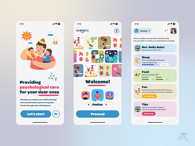 Avatario UI Design avatar children colorful dashboard fun games illustrations kids mental health onboarding parenting psychology splash screen ui