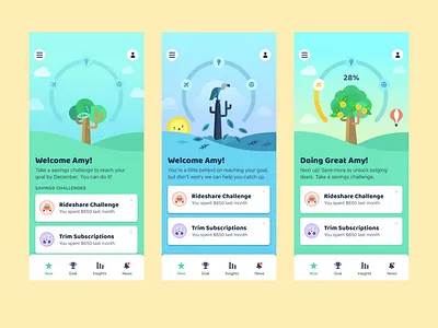 Goal Based Savings + Insights app fintech gamification illustration ui