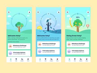 Goal Based Savings + Insights app fintech gamification illustration ui