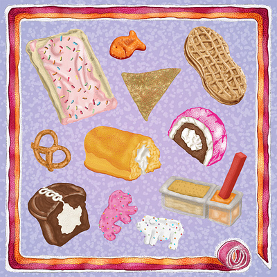 Afternoon Snacks animal crackers colourful cookies cupcakes digital art digital illustration digital painting food food illustration illustration pretzels scarf design snacks