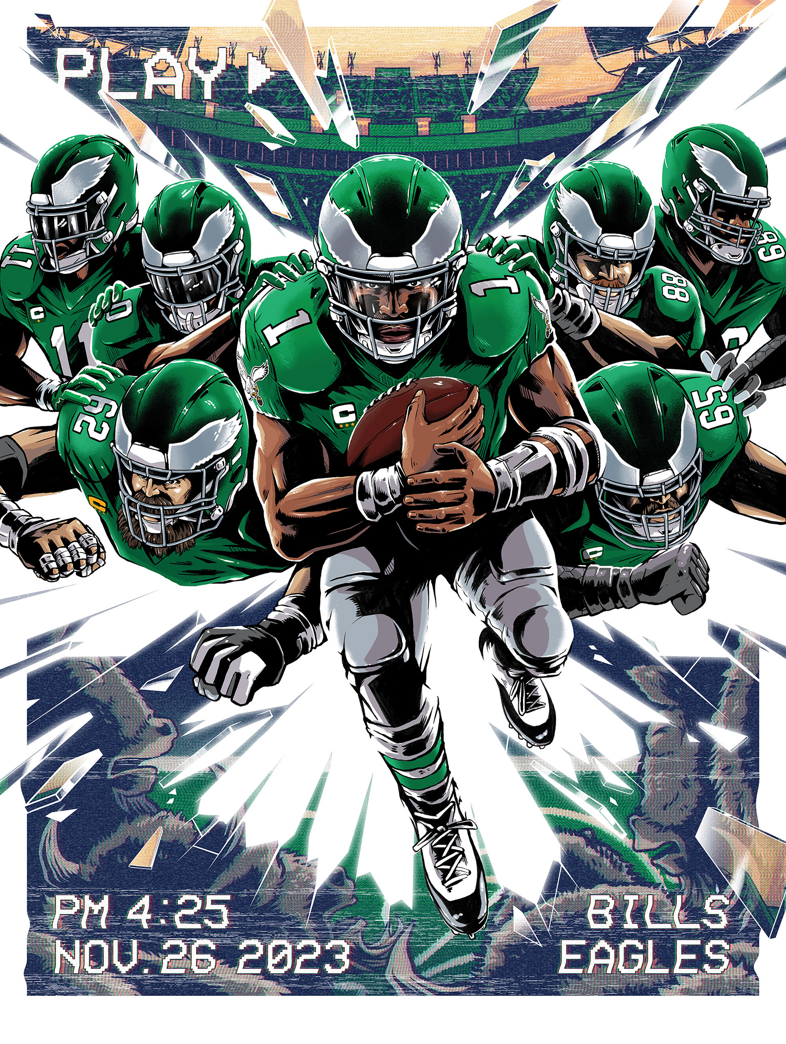Bills vs Eagles Poster 90s bills buffalo comic eagles football graphic design illustration jalen hurts kelly green nfl philadelphia poster retro sports vhs