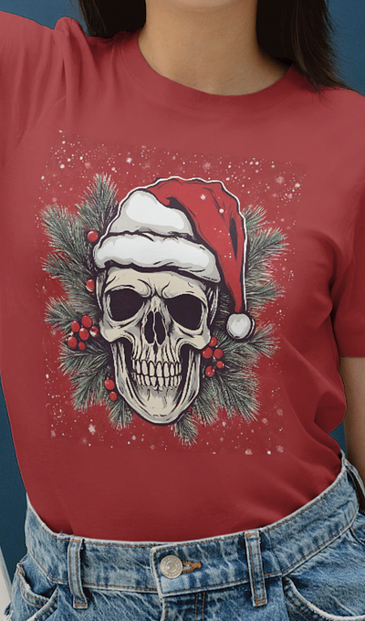 head skull in christmas t-shirt design christmas design head skuul merry christmas red design skull t shirt t shirt design theme christmas