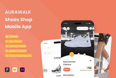 AuraWalk - Shoes Shop Mobile App application buy comfortable foot interface layout online sale shoes shop sneaker store ui user walking