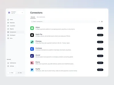 Connections / Integrations accounts connections dashboard drawer integrations list menu sidemenu tabs tags