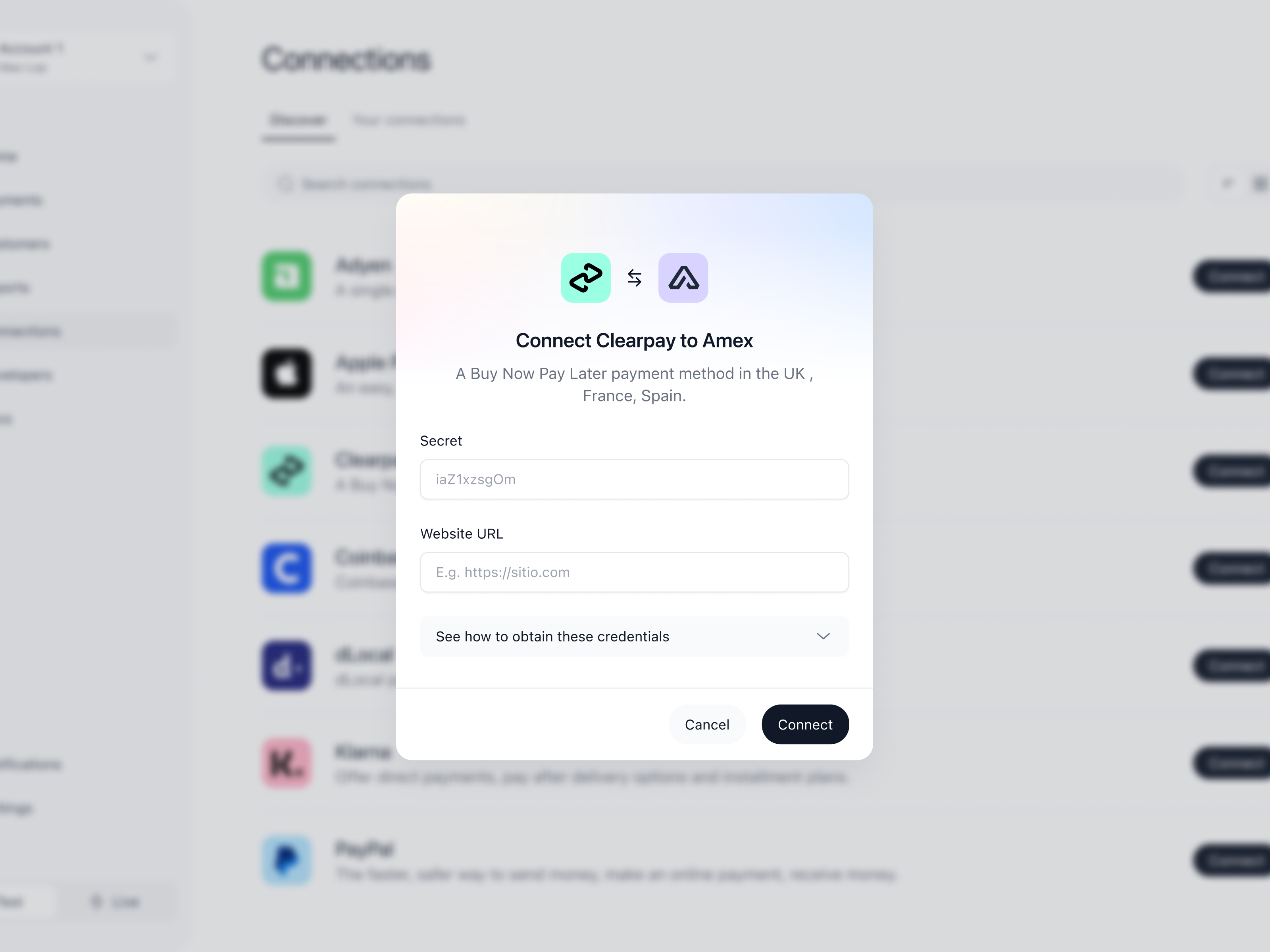 Modal connect connect connected connection connections dashboard drawer integration integrations modal pay payment