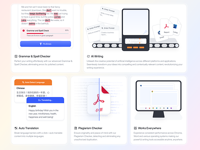 Bento Features Grid ai ai website ai writing alignui bento create with ai features figma grammar spell check grid grid design illustration landing page layout light mode plag saas translation web design word chrome