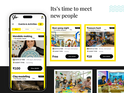 GLU - Booking events and socialising app booking app branding design entertainment events gluapp hostel travel travel app ui uiux user experience ux