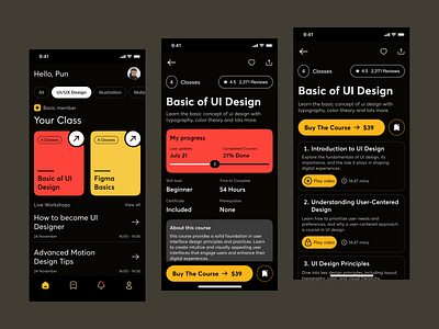 E-Learning courses app app design card course app dark theme design course edtech education app education platform elearning layout learn learning mobile app online online class online course online store progress study uiux