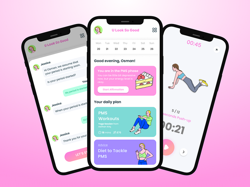 U Look So Good - Women's AI Wellness Assistant App UI/UX Design affirmation ai calendar chat counter cycle dashboard diet fitness health mobile mobile app period period tracker tracker ui ux woman women workout