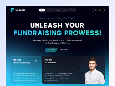 FundVista - Pioneering Revolution in Startup Funding Experiences 3d ai blue concept design finance fund header landing page minimal money saas startup tech ui ux web web design web3 website