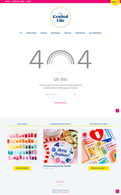 Creative blog and shop - branded 404 page design 404 page branding the crafted life web design website design
