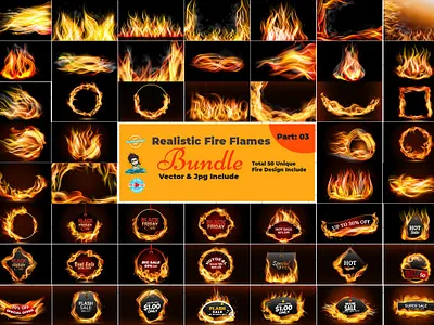 Realistic Fire Flames Design Bundle black frame