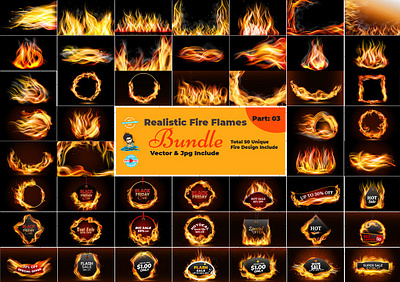 Realistic Fire Flames Design Bundle black frame