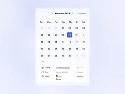Calendar Component calendar new meting copy link design style event google meet guests minimal new meting november program schedule reminder schedule task time timetable ui design