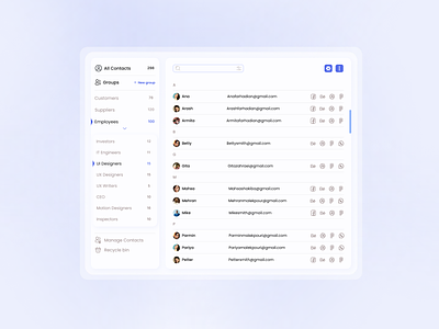 contacts Menu Component all contacts contacts designer dribbble email employees facebook link manage manage contacts menu minimal design new group recycle bin searching social media ui design