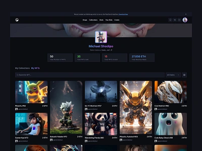 NFT Platform - Profile 🔥🚀 3d animation branding dashboard decentralized defi e commerce illustration logo marketplace motion graphics nft portfolio sass scss smart contract solidity ui web3 web3 product