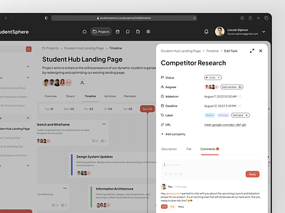 StudentSphere - Project Timeline Management Dashboard activity analytics calendar dashboard dashboard ui management productivity project management schedule scrum task task tracker team time management timeline timeline view to do tracking ui ux