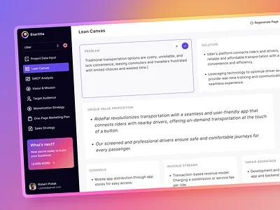 Startilla: AI-Powered Business Development Assistant ai app assistant business chatgpt dashboard documents gpt logo startilla ui ux web webapp