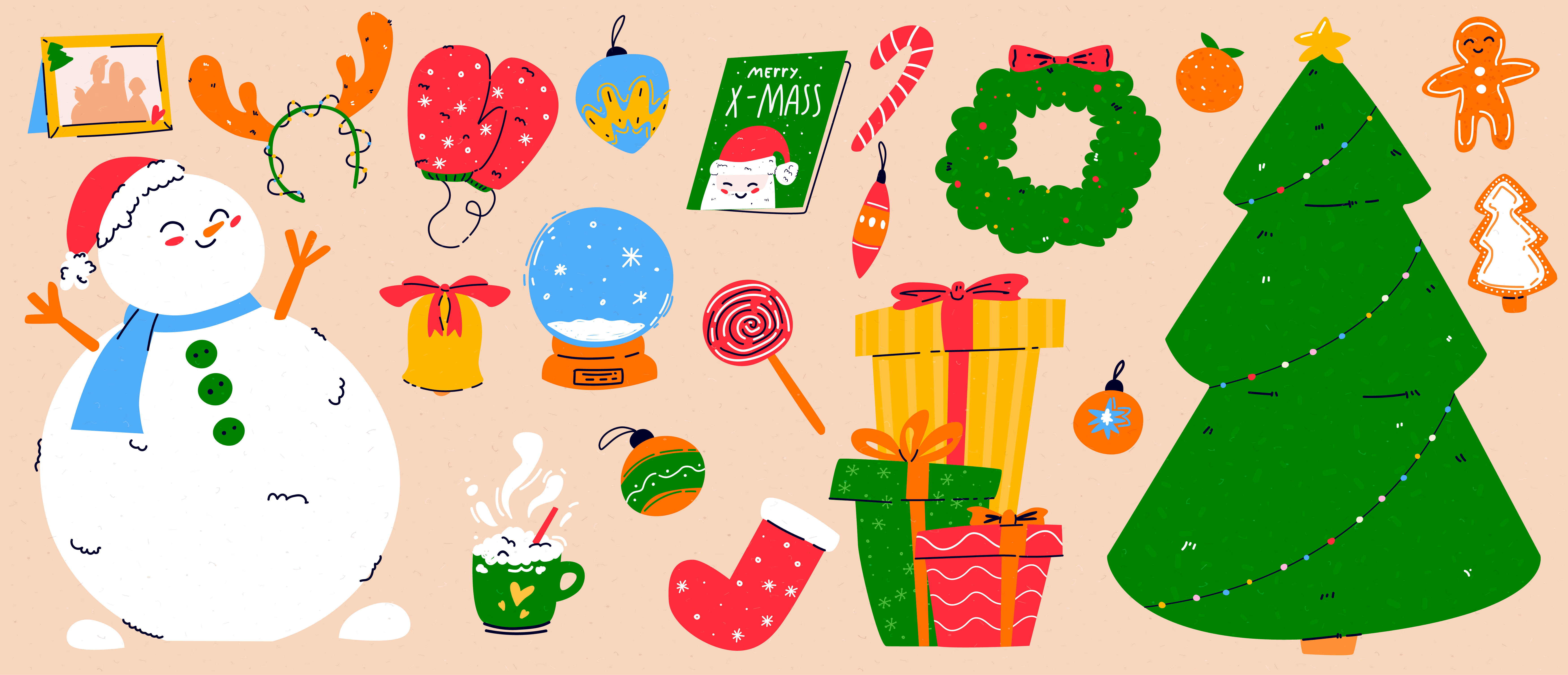 Christmas illustrations collection card cartoon character christmas contemporary cute flat frame gifts illustration kawaii new year snowball snowman texture trendy vector