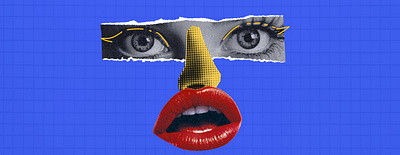 Collage face composition bold bright collage dadaism dotted eyes face fashion grid grunge halftone illustration lips nose pop art retro texture trendy vector vintage
