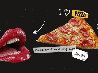 Pizza lover, collage character collage composition contemporary dada dadaism doodle grunge illustration lips mouth pizza pop art price texture trendy vector woman