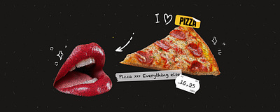 Pizza lover, collage character collage composition contemporary dada dadaism doodle grunge illustration lips mouth pizza pop art price texture trendy vector woman