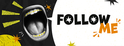 Follow me, vector collage banner character collage composition dadaism doodle grunge halftone illustration mouth pop art punk retro scary scream star texture vector vintage woman
