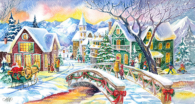 Festive charm of a Christmas village christmas christmas card christmas decoration christmas illustration christmas projects christmas scenes christmas village graphic design instant download labels design new year packaging design santa claus vintage style watercolor christmas watercolor illustration winter winter city winter time winter wonderland