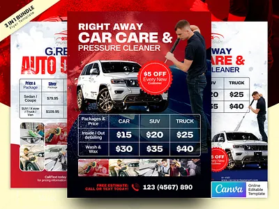 Auto Detailing Price Table Flyer 3 in 1 Bundle Canva Template canva template