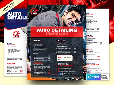 Auto Detailing Service Price-List Flyer 3 in 1 Bundle canva template