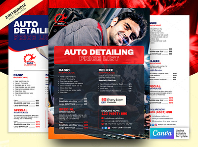 Auto Detailing Service Price-List Flyer 3 in 1 Bundle canva template