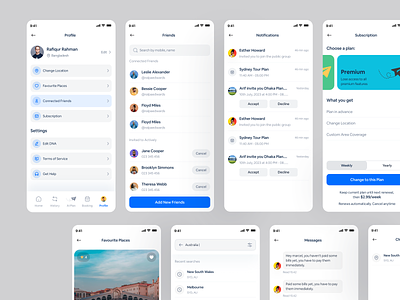 Actively - AI Trip Planner (Additional Pages) ai ai trip alert app app design design friends ios locations machine learning notifications plan pricing request search settings subscription ui uiux ux
