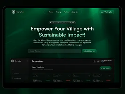 EcoHarbor - Waste Bank Website Saas animation designapp designuiux gradient homesection jitter landingpage ui uiux website websiteapp