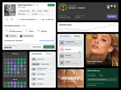 4Beauty clinic widgets - Medical CRM branding calendar clinical dashboard crm dashboard doctor dashboard graph medical medical crm medical dashboard medical profile mobile product design revenue summary surgery typography webdesign widgets