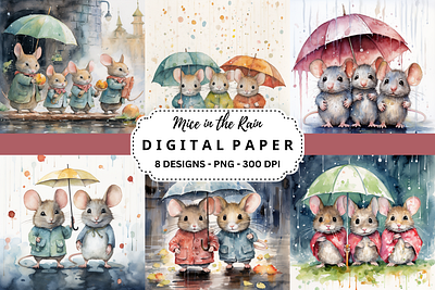 Mice in the Rain Watercolor Background commercial use art