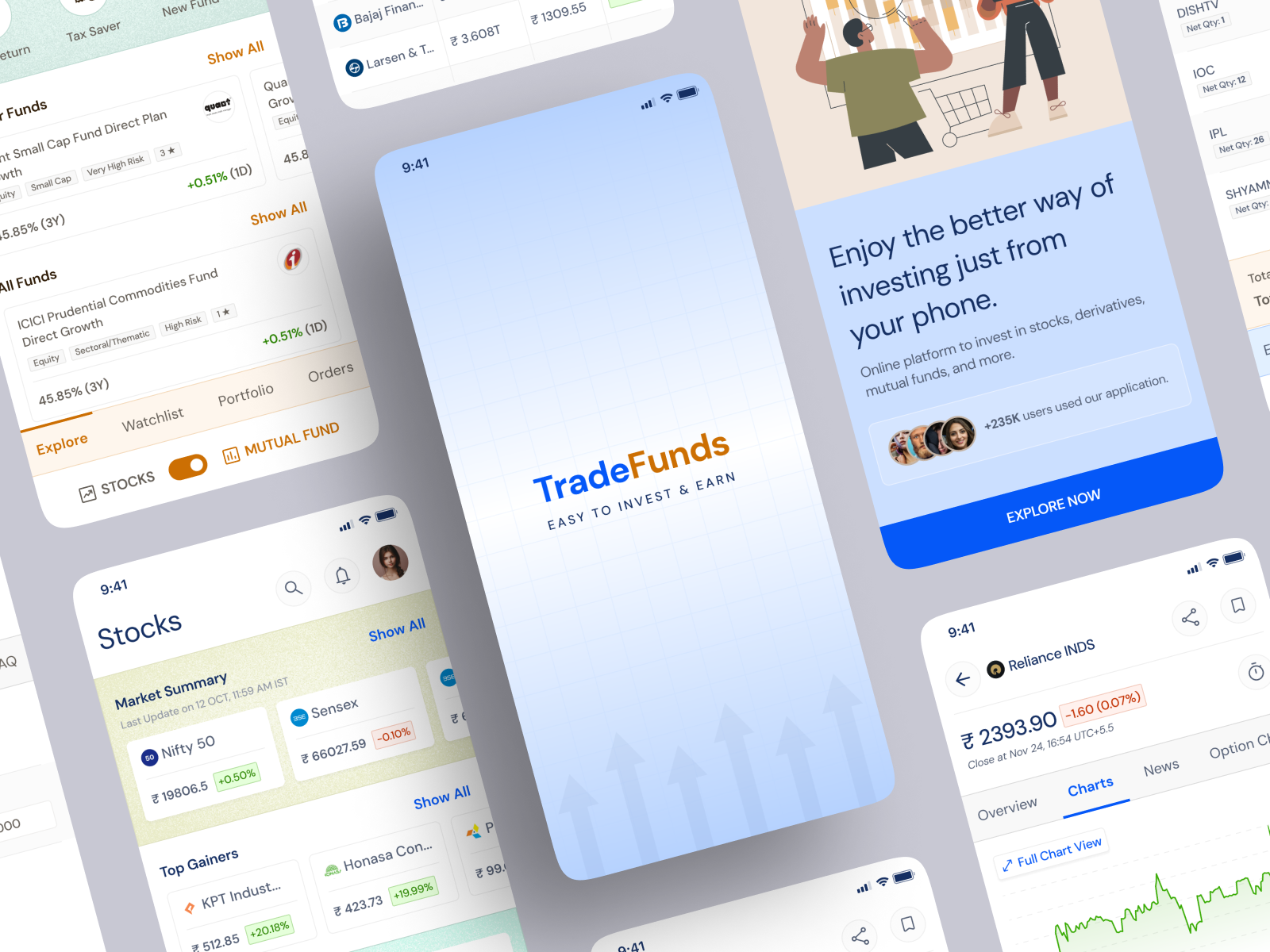 TradeFunds App adobe app design charts design figma illustration investment market mobile app money mutual funds portfolio share market shares stock market trading typography ui ui design watchlist