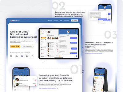 UniteLink - Experience the future of communication with AI aichatapp chatapp clean communication landingpage messaging minimal mobile mobileappdesign mobileui mockup modern tablet tabletui userinterfacedesign webpagedesign