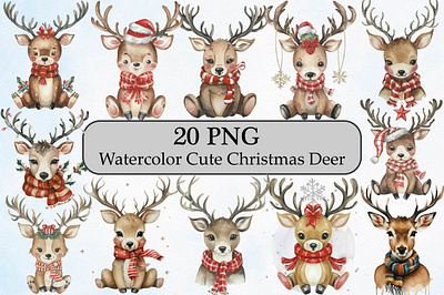 Watercolor Cute Christmas Deer cute christmas