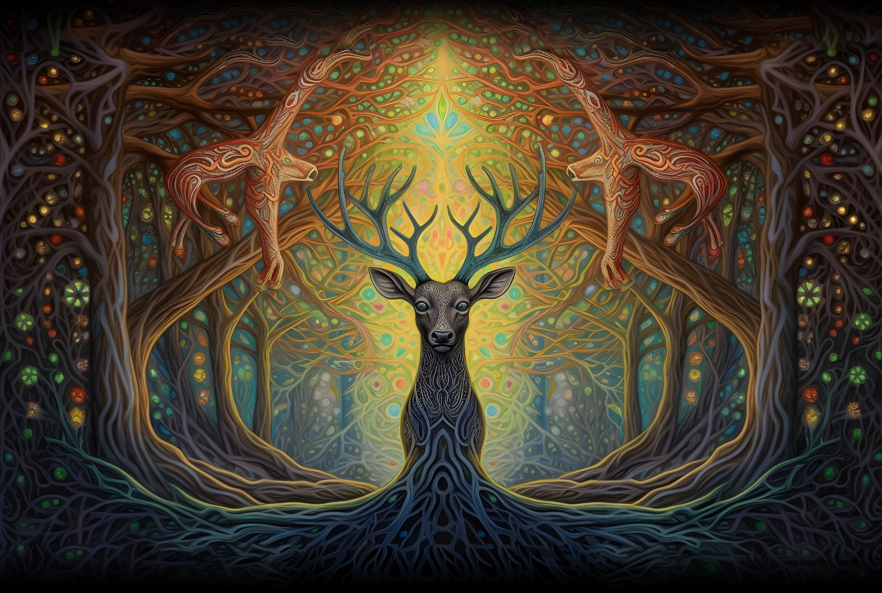 AI Art - "Suntribe" Open Air psytrance festival centred composition colorful deer flyer forest geomentric graphic design high detailed illustration midjourney mug murge nature poster press print psychedelic t shirt