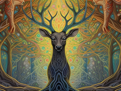 AI Art - "Suntribe" Open Air psytrance festival centred composition colorful deer flyer forest geomentric graphic design high detailed illustration midjourney mug murge nature poster press print psychedelic t shirt