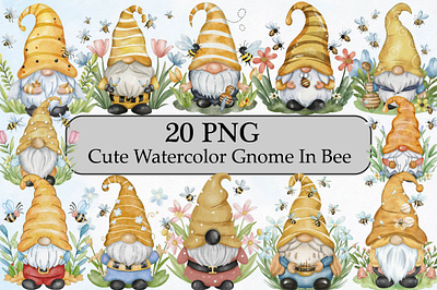Cute Watercolor Gnome in Bee garden gnomes