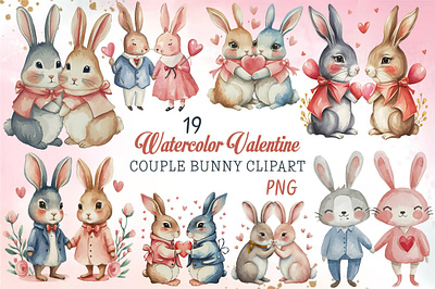 Watercolor Valentine Bunny Couples PNG 3d animation app branding design graphic design illustration logo ui vector