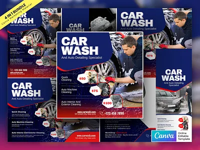Car Wash Service Offer Marketing Material Bundle Vol.04 canva template