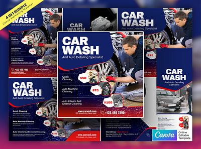 Car Wash Service Offer Marketing Material Bundle Vol.04 canva template