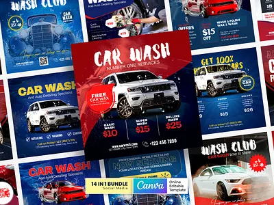 Car Washing Service Social Media Banner Bundle Vol.01 canva template