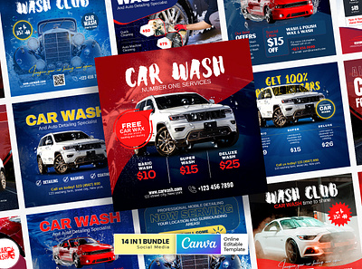 Car Washing Service Social Media Banner Bundle Vol.01 canva template