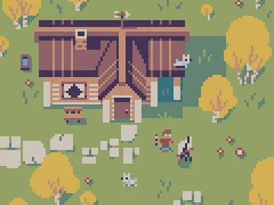 Artist's cabin and artsy catsy 🐱 16bit 8bit aseprire cabin chill chillart cozyart environment design gameart illustration minimalistart minimalistic pixel art pixelart retroart tiny tinyart tinypixels topdown