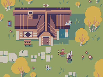 Artist's cabin and artsy catsy 🐱 16bit 8bit aseprire cabin chill chillart cozyart environment design gameart illustration minimalistart minimalistic pixel art pixelart retroart tiny tinyart tinypixels topdown