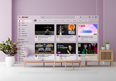 Spatial design with traditional YouTube glass morphism youtube graphic design redesign youtube spatial design spatial youtube design ui vision pro design youtube